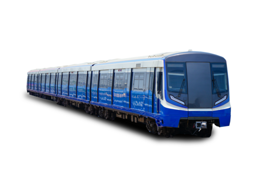 Electric city train long long of carriages composition wagons, isolated on white background