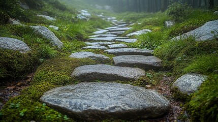Stone pathway through a serene forest, blending nature and tranquility, inviting exploration and peace in a verdant landscape.