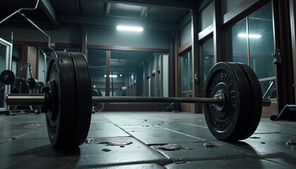 Heavy barbell on gym floor under bright lights, fitness determination