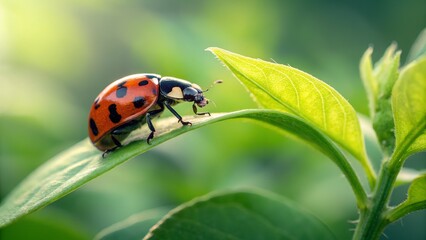 Obraz premium Ladybug on Green Leaf: Capturing the delicate balance of nature, a vibrant ladybug perches elegantly on a fresh, green leaf, embodying the beauty of tiny life.