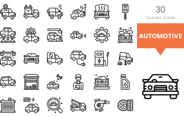 Set of automotive outline icons featuring vehicles and services.