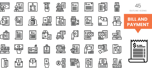 Collection of payment and billing icons in black and white outline style.