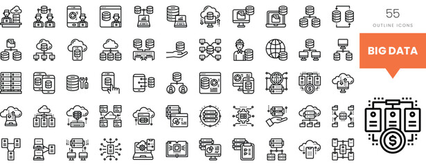 A collection of outline icons representing big data concepts and technologies.