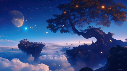 Fototapeta premium Ethereal Floating Island with Ancient Tree and Celestial Moon