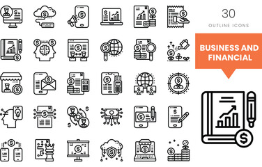 A collection of outline icons representing business and financial concepts.