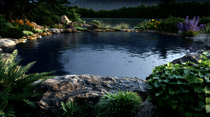 A beautiful natural pond with various plants and rocks around it