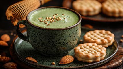Matcha Latte & Almond Cookies - Japanese cuisine