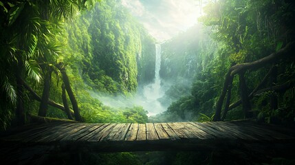 Lush Green Tropical Jungle Waterfall Landscape with Wooden Platform