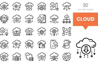 Set of outline icons depicting various cloud computing concepts.