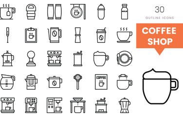 A diverse collection of coffee shop icons featuring brewing tools and beverages.