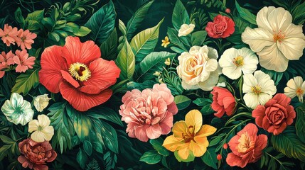 Fototapeta premium Vibrant Floral Composition with Diverse Blossoms and Lush Greenery in Rich Colors and Intricate Details