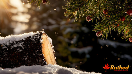 Snowy log near evergreen branches with red berry ornaments
