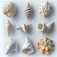 Assorted seashells, various shapes and textures