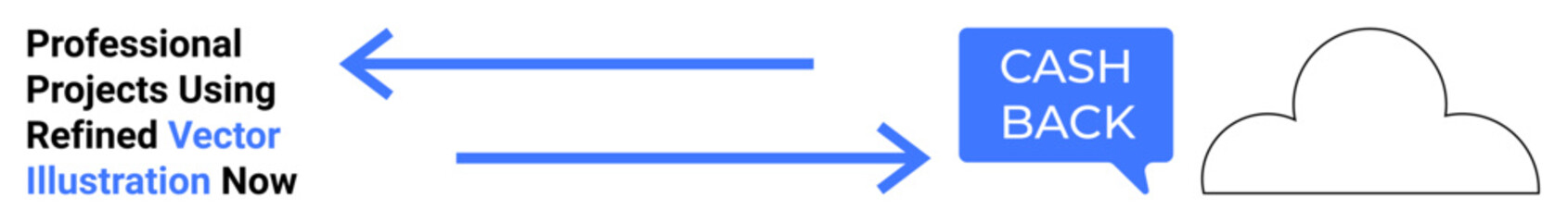 Arrows guide a cashback flow, text bubble emphasizes CASH BACK, cloud icon suggests storage and digital services. Ideal for fintech, rewards, savings, e-commerce, data, cloud systems flat landing