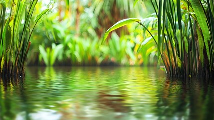 Lush Green Tropical Jungle with Calm Water Reflection