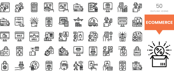 Collection of ecommerce outline icons representing various online shopping concepts.