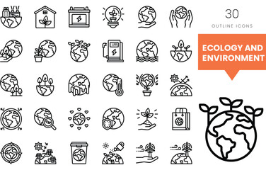 A collection of outline icons representing ecology and environmental themes.