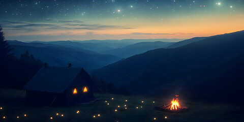 Serene Night: Cabin nestled in Mountains with Campfire and Starry Sky, digital art illustration