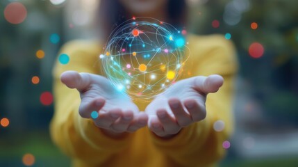 Fototapeta premium Hands Holding a Colorful Network Sphere in a Vibrant Environment
