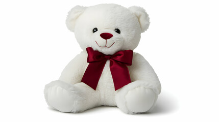 White Plush Teddy Bear with Burgundy Bow Sitting on White Background: A Soft, Cuddly Toy for Children