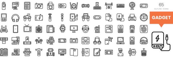 Collection of outline icons featuring various gadgets and electronic devices.