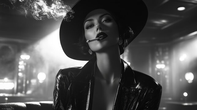 Mysterious monochrome: Woman with hat and smoke.