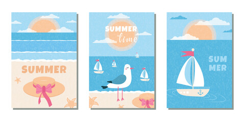 A set of fashionable postcards. Summer posters with a sailboat, a summer hat and a seagull . A vector template for designing covers, advertising, branding, banners, and flyers.
