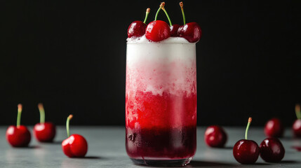 A vibrant mocktail showcasing a gradient of red hues topped with fresh cherries, set against a dark background.