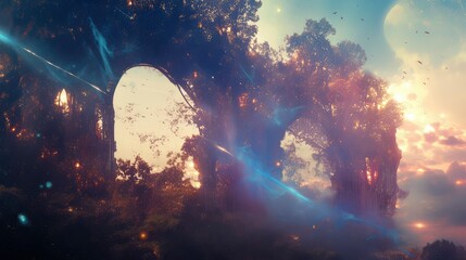 Ethereal Sunset Through Ancient Tree Archway Fantasy Landscape