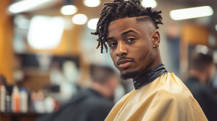 Fototapeta premium Stylish man with a fresh haircut and confident look, posing in a barber shop with lights and blurry background. Professional grooming and style.
