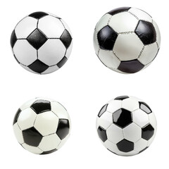 Four black and white soccer balls with different textures and lighting on transparency background