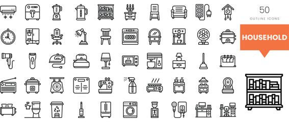 Collection of household outline icons including appliances and tools.