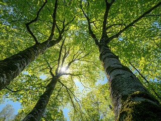Majestic Trees Canopy with Sunbeams, Symbolizing Natures Serenity and Growth. Ideal for Eco-Friendly Campaigns, Nature Documentaries, and Wellness Brands.