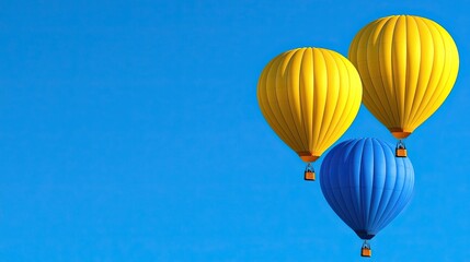 Fototapeta premium Three Colorful Hot Air Balloons in a Clear Blue Sky Perfect for Outdoor Adventures and Scenic Travel Experiences