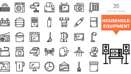 A collection of outline icons representing various household equipment.