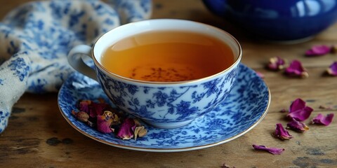 Fototapeta premium Blue and white floral-patterned teacup and saucer rest gracefully on a rich brown wooden table, exuding timeless elegance in this intimate medium-close-up view