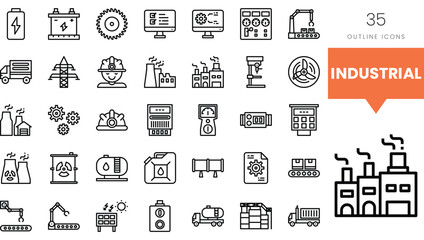 A collection of industrial outline icons depicting various machinery and tools.