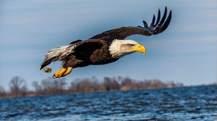 Obraz premium Majestic Bald Eagle in Flight Over Water
