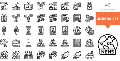 A collection of outline icons representing journalism and news reporting.