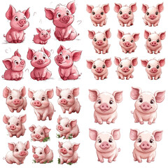 Obraz premium Cute cartoon piglets with various expressions and poses, showcasing their playful and adorable nature. illustration features multiple piglets with different facial expressions, highlighting their