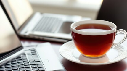 Warm Cup of Tea Next to Laptop on Wooden Table in Cozy Office