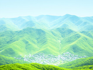 Obraz premium Serene Village Nestled in Lush Green Mountains, a Breathtaking Aerial View