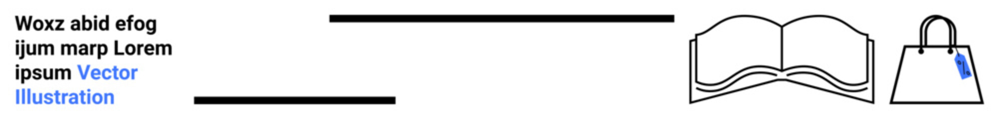 Open book and handbag with a tag alongside minimal design elements. Ideal for education, shopping, e-commerce, reading, fashion, branding, digital content. Flat landing page banner