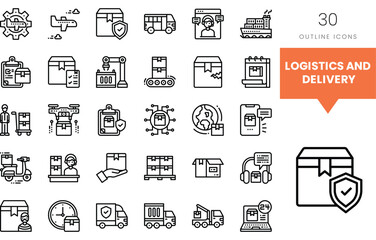 Collection of logistics and delivery outline icons, including drones and trucks.