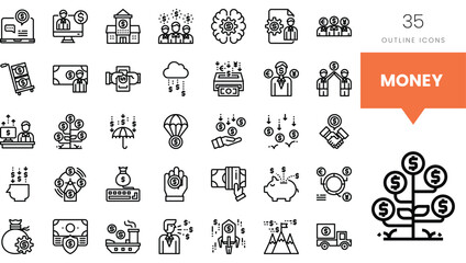 Collection of money-related outline icons representing various financial concepts.
