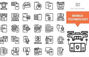 A collection of outline icons representing mobile technology concepts.