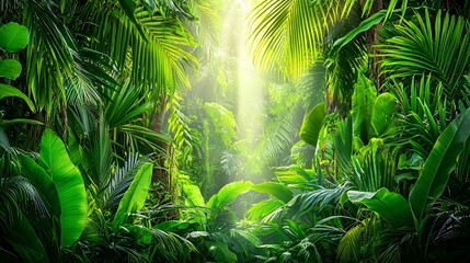 Lush Green Tropical Jungle with Sunlight Beams