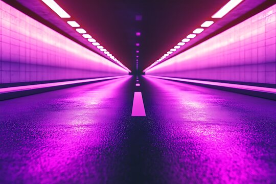 Neon-lit tunnel perspective with vanishing point, empty road, glowing background, for futuristic concept use