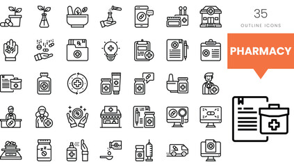 Collection of pharmacy-related outline icons including medication and healthcare symbols.