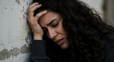 Woman with headache showing pain and distress against a weathered wall for mental health discussions and awareness, for news, blogs, medical and health information publishers
